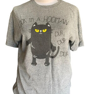 FUNNY T-Shirt Size Medium 'Look I'm A Hooman Dur Dur Dur' Black Cat - Cotton